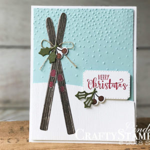 Alpine Adventure Snowy Skis | Stampin Up Demonstrator Linda Cullen | Crafty Stampin’ | Purchase your Stampin’ Up Supplies | Alpine Adventure stamp set | Alpine Sports Thinlits Dies | Subtle Embossing Folder | Farmhouse Framelits | Softly Falling Embossing Folder