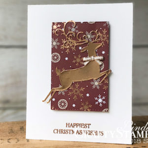 Dashing Deer Happiest Christmas Wishes | Stampin Up Demonstrator Linda Cullen | Crafty Stampin’ | Purchase your Stampin’ Up Supplies | Dashing Deer stamp set | Joyous Noel Spec. Designer Series Paper | Copper Foil Sheets | Detailed Deer Thinlits | Stitched Shape Framelits | Tea Room Ribbon