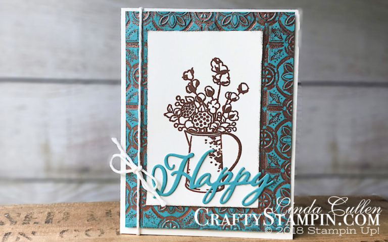 Country Home Patina Tin Tile | Stampin Up Demonstrator Linda Cullen | Crafty Stampin’ | Purchase your Stampin’ Up Supplies | Country Home stamp set | Merry Christmas Thinlits | Tin Tile Dynamic Textured Impressions Embossing Folder | Festive Farmhouse Cotton Twine