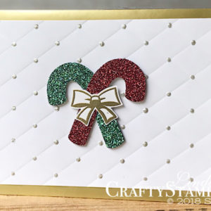 Candy Cane Season Glitter | Stampin Up Demonstrator Linda Cullen | Crafty Stampin’ | Purchase your Stampin’ Up Supplies | Candy Cane Season | Joyous Noel 6x6 Glimmer Paper | Gold Foil Edged Cards & Envelopes | Candy Cane Builder Punch | Tufted Dynamic Textured Impressions Embossing Folder | Champagne Mist