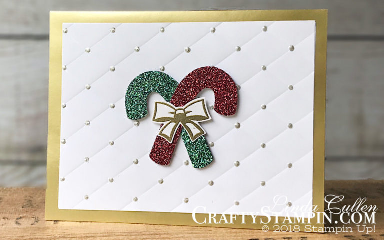 Candy Cane Season Glitter | Stampin Up Demonstrator Linda Cullen | Crafty Stampin’ | Purchase your Stampin’ Up Supplies | Candy Cane Season | Joyous Noel 6x6 Glimmer Paper | Gold Foil Edged Cards & Envelopes | Candy Cane Builder Punch | Tufted Dynamic Textured Impressions Embossing Folder | Champagne Mist