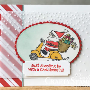 So Santa Scooting By | Stampin Up Demonstrator Linda Cullen | Crafty Stampin’ | Purchase your Stampin’ Up Supplies | So Santa stamp set | Santa’s Workshop Spec. Designer Series Paper | Stampin Blends | Night Owl Thinlits | Layering Circle Framelits | Softly Falling Embossing Folder