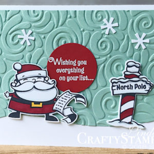 Signs of Santa Swirls and Curls | Stampin Up Demonstrator Linda Cullen | Crafty Stampin’ | Purchase your Stampin’ Up Supplies | Signs of Santa stamp set | Santa’s Signpost Framelits | Swirls & Curls Textured Impressions Embossing Folder | In The Woods Framelits Dies