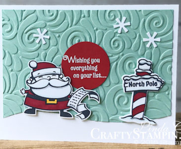 Signs of Santa Swirls and Curls | Stampin Up Demonstrator Linda Cullen | Crafty Stampin’ | Purchase your Stampin’ Up Supplies | Signs of Santa stamp set | Santa’s Signpost Framelits | Swirls & Curls Textured Impressions Embossing Folder | In The Woods Framelits Dies