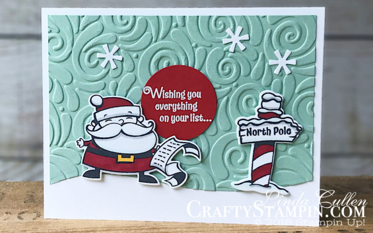 Signs of Santa Swirls and Curls | Stampin Up Demonstrator Linda Cullen | Crafty Stampin’ | Purchase your Stampin’ Up Supplies | Signs of Santa stamp set | Santa’s Signpost Framelits | Swirls & Curls Textured Impressions Embossing Folder | In The Woods Framelits Dies