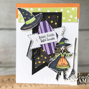 Cauldron Bubble Witches Hat | Stampin Up Demonstrator Linda Cullen | Crafty Stampin’ | Purchase your Stampin’ Up Supplies | Cauldron Bubble Stamp Set | Cauldron Framelits Dies | Black 5/8 Glittered Organdy Ribbon | Wink of Stella | Tailored Tag Punch |