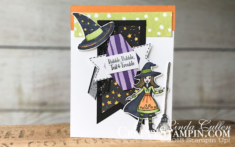 Cauldron Bubble Witches Hat | Stampin Up Demonstrator Linda Cullen | Crafty Stampin’ | Purchase your Stampin’ Up Supplies | Cauldron Bubble Stamp Set | Cauldron Framelits Dies | Black 5/8 Glittered Organdy Ribbon | Wink of Stella | Tailored Tag Punch |