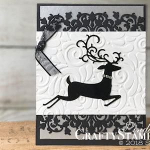 Dashing Deer in Black Foil | Stampin Up Demonstrator Linda Cullen | Crafty Stampin’ | Purchase your Stampin’ Up Supplies | Detailed Deer Thinlits | Delicate Lace Edgeless | Swirls & Curls Textured Impressions Embossing Folder | Detailed Trio Punch | Black 5/8” Glittered Organdy Ribbon | Rhinestone Basic Jewels