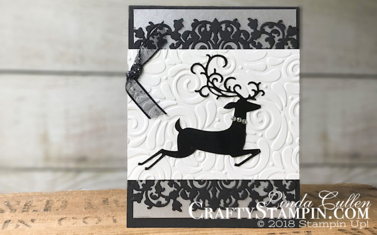 Dashing Deer in Black Foil | Stampin Up Demonstrator Linda Cullen | Crafty Stampin’ | Purchase your Stampin’ Up Supplies | Detailed Deer Thinlits | Delicate Lace Edgeless | Swirls & Curls Textured Impressions Embossing Folder | Detailed Trio Punch | Black 5/8” Glittered Organdy Ribbon | Rhinestone Basic Jewels