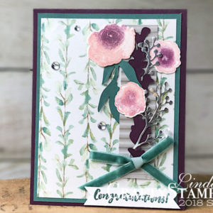 First Frost Congratulations | Stampin Up Demonstrator Linda Cullen | Crafty Stampin’ | Purchase your Stampin’ Up Supplies | First Frost Stamp Set | Frosted Floral Designer Series Paper | Silver Foil Sheets | Frosted Bouquet Framelits | Corrugated Dynamic Textured Impressions Embossing Folder | Tranquil Tide 1/4 Velvet Ribbon