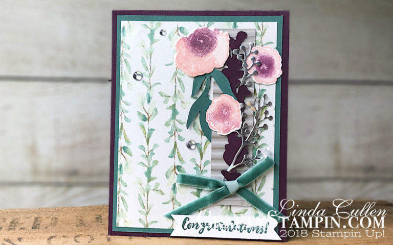 First Frost Congratulations | Stampin Up Demonstrator Linda Cullen | Crafty Stampin’ | Purchase your Stampin’ Up Supplies | First Frost Stamp Set | Frosted Floral Designer Series Paper | Silver Foil Sheets | Frosted Bouquet Framelits | Corrugated Dynamic Textured Impressions Embossing Folder | Tranquil Tide 1/4 Velvet Ribbon