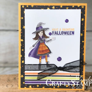 Toil & Trouble Haunting Halloween | Stampin Up Demonstrator Linda Cullen | Crafty Stampin’ | Purchase your Stampin’ Up Supplies | Labels to Love Stamp Set | Toil & Trouble Designer Series Paper | Black 5/8 Glittered Organdy Ribbon |
