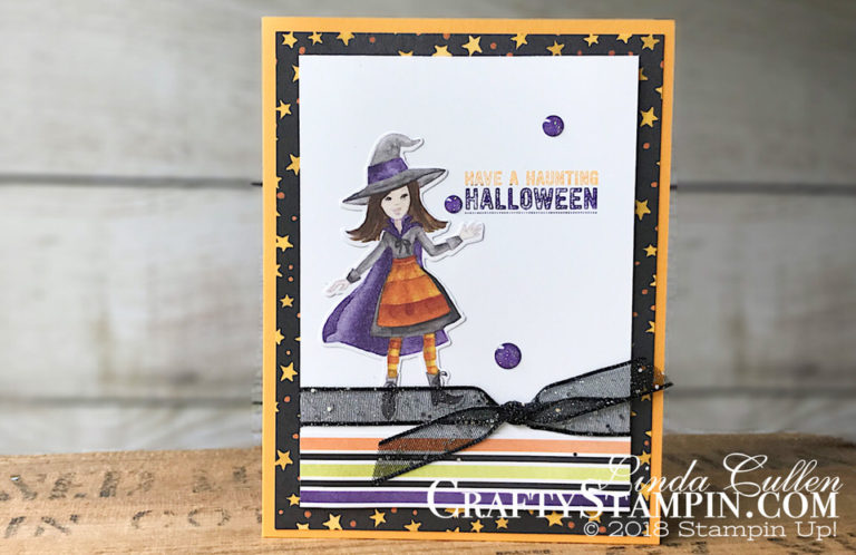 Toil & Trouble Haunting Halloween | Stampin Up Demonstrator Linda Cullen | Crafty Stampin’ | Purchase your Stampin’ Up Supplies | Labels to Love Stamp Set | Toil & Trouble Designer Series Paper | Black 5/8 Glittered Organdy Ribbon |