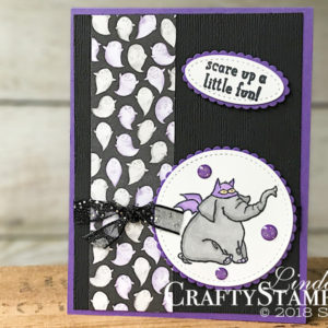 Trick or Tweet Scary Elephant | Stampin Up Demonstrator Linda Cullen | Crafty Stampin’ | Purchase your Stampin’ Up Supplies | Trick or Tweet Stamp Set | Toil & Trouble Designer Series Paper | Black 5/8 Glittered Organdy Ribbon | Stampin Blends | Subtle Dynamic Texture Embossing Folder