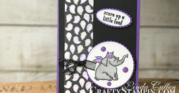 Trick or Tweet Scary Elephant | Stampin Up Demonstrator Linda Cullen | Crafty Stampin’ | Purchase your Stampin’ Up Supplies | Trick or Tweet Stamp Set | Toil & Trouble Designer Series Paper | Black 5/8 Glittered Organdy Ribbon | Stampin Blends | Subtle Dynamic Texture Embossing Folder
