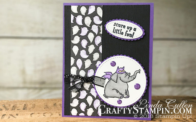 Trick or Tweet Scary Elephant | Stampin Up Demonstrator Linda Cullen | Crafty Stampin’ | Purchase your Stampin’ Up Supplies | Trick or Tweet Stamp Set | Toil & Trouble Designer Series Paper | Black 5/8 Glittered Organdy Ribbon | Stampin Blends | Subtle Dynamic Texture Embossing Folder