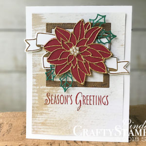 Coffee & Crafts Class: Stylish Christmas Detailed Poinsettia | Stampin Up Demonstrator Linda Cullen | Crafty Stampin’ | Purchase your Stampin’ Up Supplies | Stylish Christmas Stamp Set | Banners for You Stamp Set | Wood Texture Designer Series Paper | Gold Glimmer Paper | Stitched Shapes Framelits | Bunch of Banners Framelits | Detailed Poinsettia Thinlits | Layering Squares Framelits | Vegas Gold Shimmer Paint | Pearl Basic Jewels