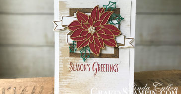 Coffee & Crafts Class: Stylish Christmas Detailed Poinsettia | Stampin Up Demonstrator Linda Cullen | Crafty Stampin’ | Purchase your Stampin’ Up Supplies | Stylish Christmas Stamp Set | Banners for You Stamp Set | Wood Texture Designer Series Paper | Gold Glimmer Paper | Stitched Shapes Framelits | Bunch of Banners Framelits | Detailed Poinsettia Thinlits | Layering Squares Framelits | Vegas Gold Shimmer Paint | Pearl Basic Jewels