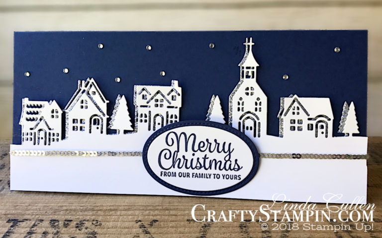 Coffee & Crafts Class: Hometown Greetings | Stampin Up Demonstrator Linda Cullen | Crafty Stampin’ | Purchase your Stampin’ Up Supplies | Snowflake Sentiments Stamp Set | Hometown Greetings Edgelits Dies | Stitched Shapes Framelits Dies | Layering Ovals Framelits Dies | Silver Mini Sequin Trim |