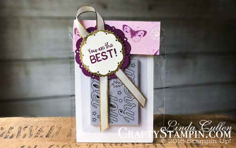 Picked For You - You are the best | Stampin Up Demonstrator Linda Cullen | Crafty Stampin’ | Purchase your Stampin’ Up Supplies | Picked For You Stamp Set | Tea Room Specialty Designer Series Paper | Gold Foil Sheets | Spot of Tea Framelits Dies | Starburst Punch | Gold 3/8 Metallic Ribbon