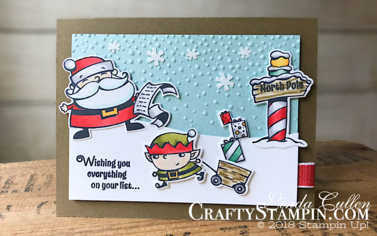 Coffee & Crafts Class: Signs of Santa | Stampin Up Demonstrator Linda Cullen | Crafty Stampin’ | Purchase your Stampin’ Up Supplies | Signs of Santa Stamp Set | Santa’s Signpost Framelits | In the Woods Framelits Die | Frost White Shimmer Paint | Santa’s Workshop Enamel Shapes