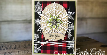 Coffee & Crafts Class: Snowflake Showcase | Stampin Up Demonstrator Linda Cullen | Crafty Stampin’ | Purchase your Stampin’ Up Supplies | Snow is Glistening Stamp Set | Buffalo Check Stamp Set | Snowfall Thinlits Dies | Subtle Textured Impressions Embossing Folder | White Velveteen Sheets | Festive Farmhouse Cotton Twine
