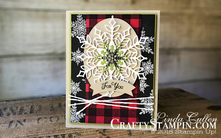Coffee & Crafts Class: Snowflake Showcase | Stampin Up Demonstrator Linda Cullen | Crafty Stampin’ | Purchase your Stampin’ Up Supplies | Snow is Glistening Stamp Set | Buffalo Check Stamp Set | Snowfall Thinlits Dies | Subtle Textured Impressions Embossing Folder | White Velveteen Sheets | Festive Farmhouse Cotton Twine