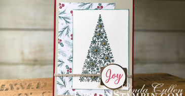 Snowflake Showcase - Joy | Stampin Up Demonstrator Linda Cullen | Crafty Stampin’ | Purchase your Stampin’ Up Supplies | Snow Is Glistening stamp set | Joyous Noel Specialty Designer Series | Champagne Foil | Metallic Pearls | Braided Linen Trim | Christmas Traditions Punch
