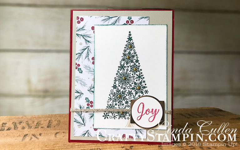 Snowflake Showcase - Joy | Stampin Up Demonstrator Linda Cullen | Crafty Stampin’ | Purchase your Stampin’ Up Supplies | Snow Is Glistening stamp set | Joyous Noel Specialty Designer Series | Champagne Foil | Metallic Pearls | Braided Linen Trim | Christmas Traditions Punch