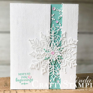 Snowflake Showcase - New Beginnings | Stampin Up Demonstrator Linda Cullen | Crafty Stampin’ | Purchase your Stampin’ Up Supplies | Happiness Surrounds stamp set | Snowfall Thinlits | Metallic Sequins | Subtle Embossing Folder