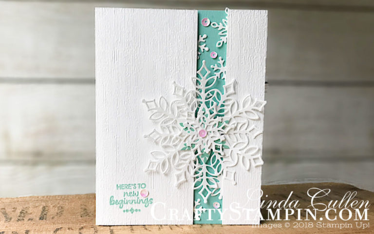 Snowflake Showcase - New Beginnings | Stampin Up Demonstrator Linda Cullen | Crafty Stampin’ | Purchase your Stampin’ Up Supplies | Happiness Surrounds stamp set | Snowfall Thinlits | Metallic Sequins | Subtle Embossing Folder