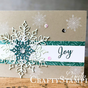 Snowflake Showcase - Soft Sea Foam Snowflake | Stampin Up Demonstrator Linda Cullen | Crafty Stampin’ | Purchase your Stampin’ Up Supplies | Snow Is Glistening stamp set | Snowfall Thinlits Dies | Frosted Floral Specialty Designer Series Paper | Clear Faceted Gems