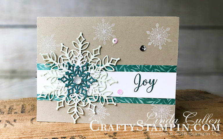 Snowflake Showcase - Soft Sea Foam Snowflake | Stampin Up Demonstrator Linda Cullen | Crafty Stampin’ | Purchase your Stampin’ Up Supplies | Snow Is Glistening stamp set | Snowfall Thinlits Dies | Frosted Floral Specialty Designer Series Paper | Clear Faceted Gems