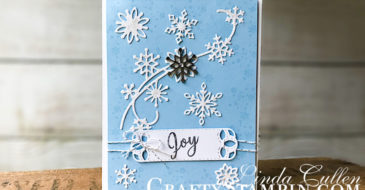Snowflake Showcase - Swirling Joy | Stampin Up Demonstrator Linda Cullen | Crafty Stampin’ | Purchase your Stampin’ Up Supplies | Snow Is Glistening stamp set | Snowfall Thinlits Dies | Stitched Label Framelits | Silver Baker’s Twine | Snowflake Trinkets | Wink of Stella