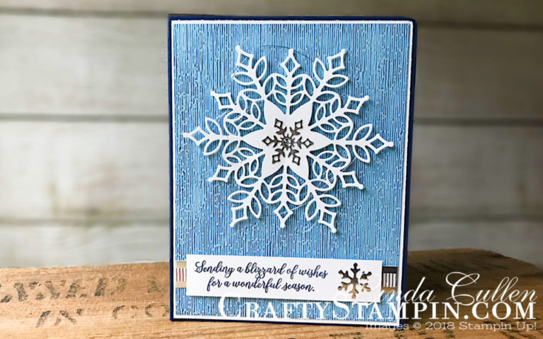 Snowflake Showcase - Subtle Blizzard of Wishes | Stampin Up Demonstrator Linda Cullen | Crafty Stampin’ | Purchase your Stampin’ Up Supplies | Snow Is Glistening stamp set | Snowfall Thinlits | Gold Foil sheets | Subtle Dynamic Textured Impressions Embossing Folder | suite Season Specialty Washi Tape