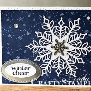 Snowflake Showcase - Winter Cheer | Stampin Up Demonstrator Linda Cullen | Crafty Stampin’ | Purchase your Stampin’ Up Supplies | Snow Is Glistening stamp set | Spirited Snowmen Stamp Set | Snowfall Thinlits Dies | Softly Falling Embossing Folder | Snowflake Trinkets | Frosted & Clear Epoxy Droplets