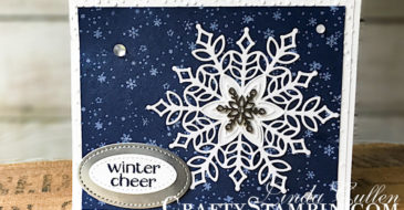 Snowflake Showcase - Winter Cheer | Stampin Up Demonstrator Linda Cullen | Crafty Stampin’ | Purchase your Stampin’ Up Supplies | Snow Is Glistening stamp set | Spirited Snowmen Stamp Set | Snowfall Thinlits Dies | Softly Falling Embossing Folder | Snowflake Trinkets | Frosted & Clear Epoxy Droplets