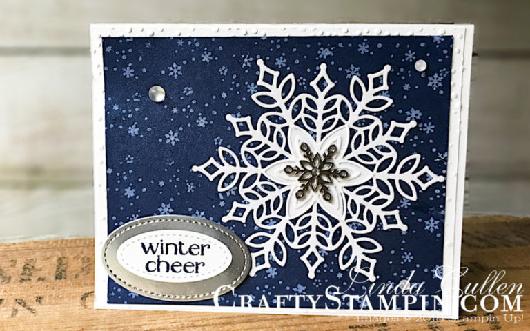 Snowflake Showcase - Winter Cheer | Stampin Up Demonstrator Linda Cullen | Crafty Stampin’ | Purchase your Stampin’ Up Supplies | Snow Is Glistening stamp set | Spirited Snowmen Stamp Set | Snowfall Thinlits Dies | Softly Falling Embossing Folder | Snowflake Trinkets | Frosted & Clear Epoxy Droplets