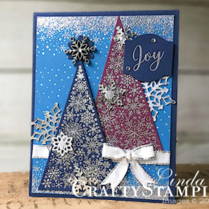 Snowflake Showcase - Silver Trees | Stampin Up Demonstrator Linda Cullen | Crafty Stampin’ | Purchase your Stampin’ Up Supplies | Snow Is Glistening stamp set | Christmas Traditions Punch Box | Snowflakes Trinkets