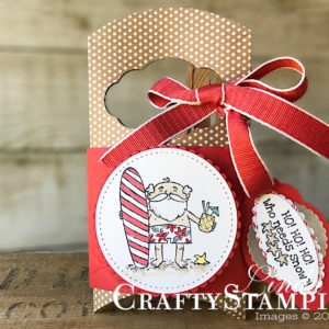 Coffee & Crafts Class: So Santa Gift Pillow Box | Stampin Up Demonstrator Linda Cullen | Crafty Stampin’ | Purchase your Stampin’ Up Supplies | So Santa Stamp Set | Candy Cane Season Stamp Set | Stitched Shape Framelits | Layering Circles Framelits | Tufted Dynamic Textured Impressions Embossing Folder | Pretty Label Punch | Poppy Parade Textured Weave Ribbon