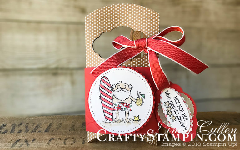 Coffee & Crafts Class: So Santa Gift Pillow Box | Stampin Up Demonstrator Linda Cullen | Crafty Stampin’ | Purchase your Stampin’ Up Supplies | So Santa Stamp Set | Candy Cane Season Stamp Set | Stitched Shape Framelits | Layering Circles Framelits | Tufted Dynamic Textured Impressions Embossing Folder | Pretty Label Punch | Poppy Parade Textured Weave Ribbon