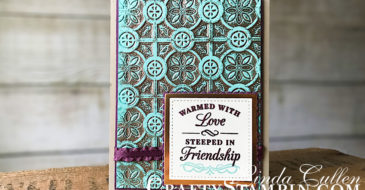 Coffee & Crafts Class: Time for Tea with Tin Tile Copper Patina | Stampin Up Demonstrator Linda Cullen | Crafty Stampin’ | Purchase your Stampin’ Up Supplies | Time for Tea Stamp Set | Stitched Shape Framelits | Layering Square Framelits | Tin Tile Dynamic Textured Impressions Embossing Folder | Copper Foil Sheets | Fresh Fig 3/8 Ruffled Ribbon | Stamparatus