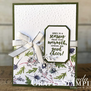 Frosted Floral Good Cheer | Stampin Up Demonstrator Linda Cullen | Crafty Stampin’ | Purchase your Stampin’ Up Supplies | First Frost Stamp Set | Frosted Bouquet Framelits | Frosted Floral Designer Series Paper | Silver Foil | Softly Falling Embossing Folder | Silver 3/8” Metallic-Edge Ribbon