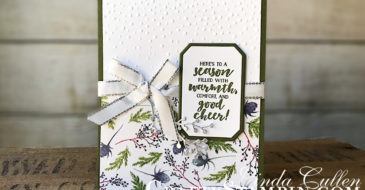 Frosted Floral Good Cheer | Stampin Up Demonstrator Linda Cullen | Crafty Stampin’ | Purchase your Stampin’ Up Supplies | First Frost Stamp Set | Frosted Bouquet Framelits | Frosted Floral Designer Series Paper | Silver Foil | Softly Falling Embossing Folder | Silver 3/8” Metallic-Edge Ribbon