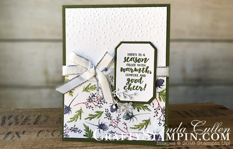 Frosted Floral Good Cheer | Stampin Up Demonstrator Linda Cullen | Crafty Stampin’ | Purchase your Stampin’ Up Supplies | First Frost Stamp Set | Frosted Bouquet Framelits | Frosted Floral Designer Series Paper | Silver Foil | Softly Falling Embossing Folder | Silver 3/8” Metallic-Edge Ribbon