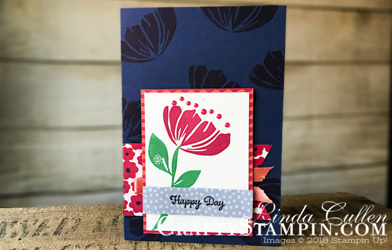 Bloom by Bloom Happy Day | Stampin Up Demonstrator Linda Cullen | Crafty Stampin’ | Purchase your Stampin’ Up Supplies | Bloom by Bloom Stamp Set | Itty Bitty Birthdays Stamp Set | JHappiness Blooms Memories & More Card Pack | Happiness Blooms Memories & More Cards & Envelopes | Happiness Blooms Enamel Dots | Calypso Coral 3/8 Satin Ribbon
