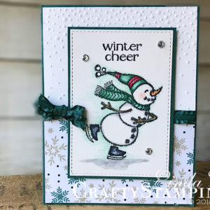 Spirited Snowmen Winter Cheer | Stampin Up Demonstrator Linda Cullen | Crafty Stampin’ | Purchase your Stampin’ Up Supplies | Spirited Snowmen Stamp Set | Joyous Noel Specialty Designer Series Paper | Rectangle Stitched Framelits | Softly Falling Embossing Folder | Tranquil Tide 3/8 Mini Ruffled Ribbon | Rhinestone Basic Jewels