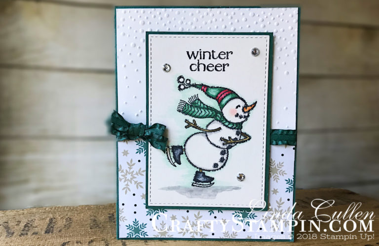 Spirited Snowmen Winter Cheer | Stampin Up Demonstrator Linda Cullen | Crafty Stampin’ | Purchase your Stampin’ Up Supplies | Spirited Snowmen Stamp Set | Joyous Noel Specialty Designer Series Paper | Rectangle Stitched Framelits | Softly Falling Embossing Folder | Tranquil Tide 3/8 Mini Ruffled Ribbon | Rhinestone Basic Jewels
