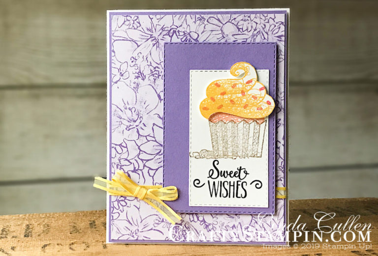 Hello Cupcake - Sweet Wishes | Stampin Up Demonstrator Linda Cullen | Crafty Stampin’ | Purchase your Stampin’ Up Supplies | Hello Cupcake Stamp Set | Botanical Butterfly Designer Series Paper | Organdy Ribbon Combo Pack | Rectangle Stitched Framelits Dies