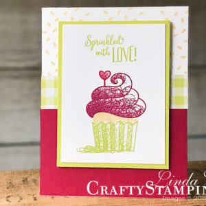 Hello Cupcake Lovely Lipstick Love | Stampin Up Demonstrator Linda Cullen | Crafty Stampin’ | Purchase your Stampin’ Up Supplies | Hello Cupcake Stamp Set | Gingham Gala Designer Series Paper | Wink of Stella